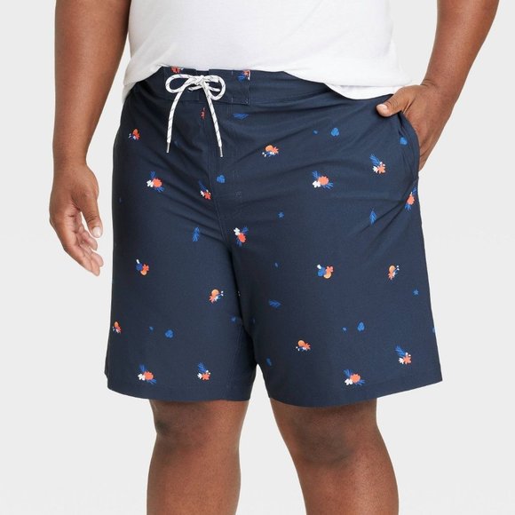 Men's Big & Tall 9" Sun Print E-Board Swim Shorts Goodfellow & Co Navy Blue 3XL - Picture 1 of 10